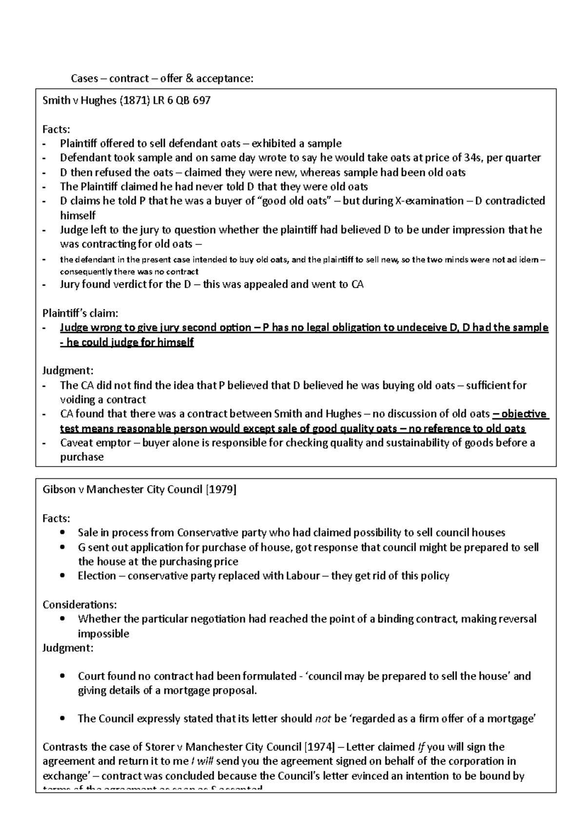 Contract Law Cases: Offer, Acceptance & Key Judgments - Studocu