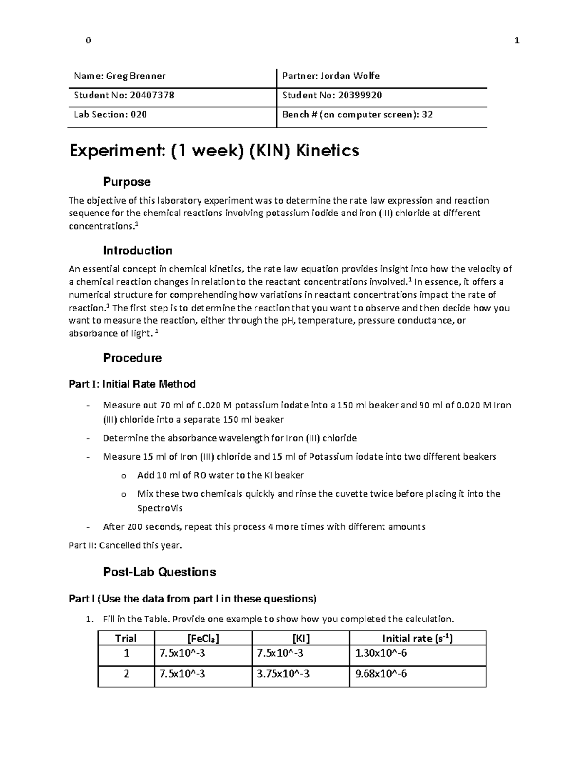Kinetics Experiment Lab Report (KIN) - Greg Brenner & Jordan Wolfe ...