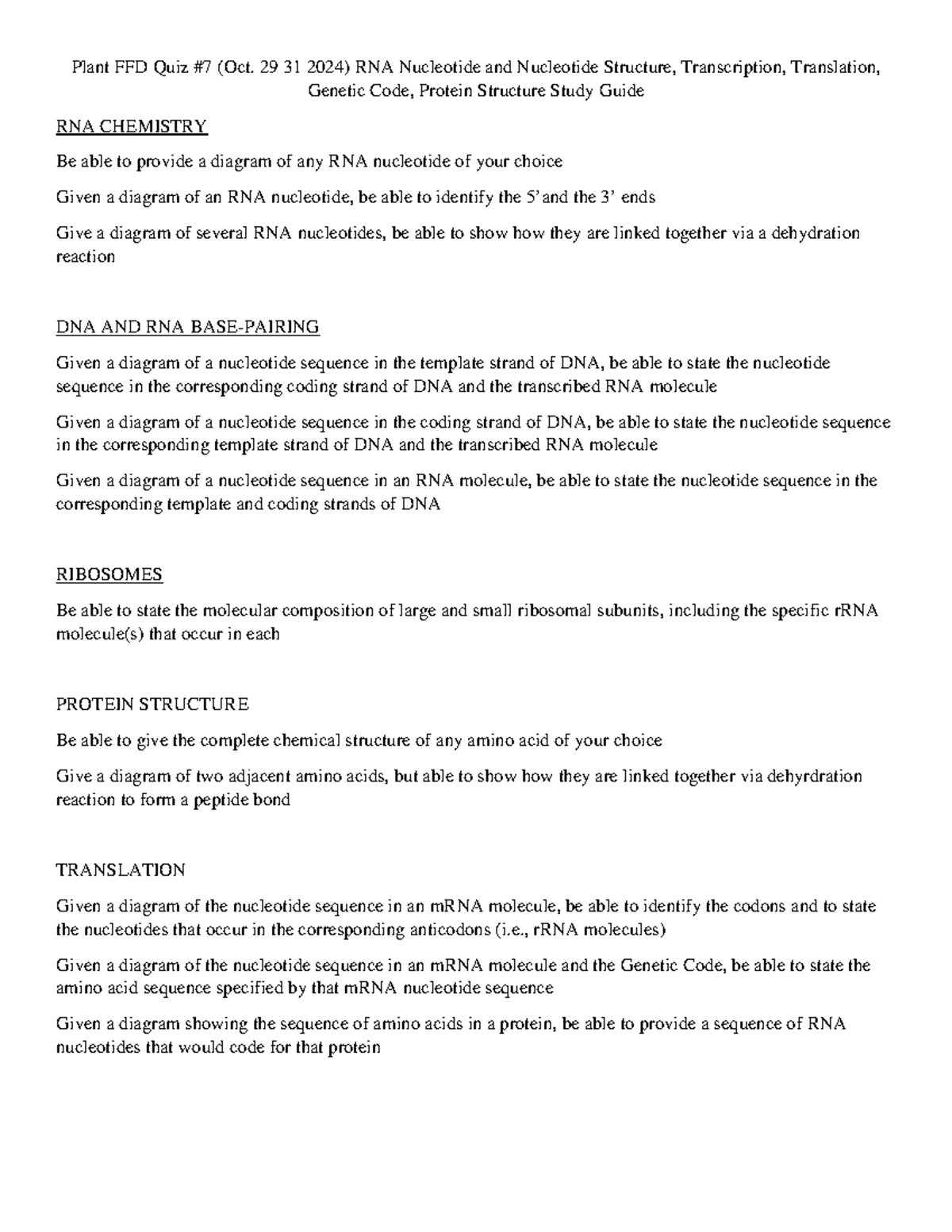 Plant FFD Quiz #7 Study Guide: RNA Structure, Transcription ...