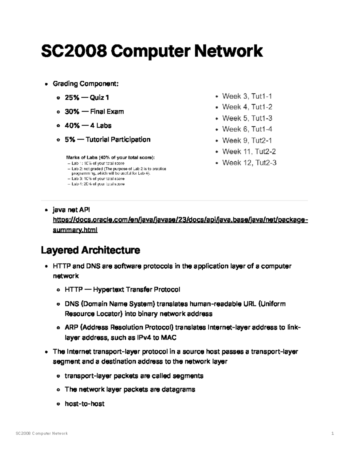 SC2008 Computer Network: Quiz 1 Study Notes on Protocols and ...
