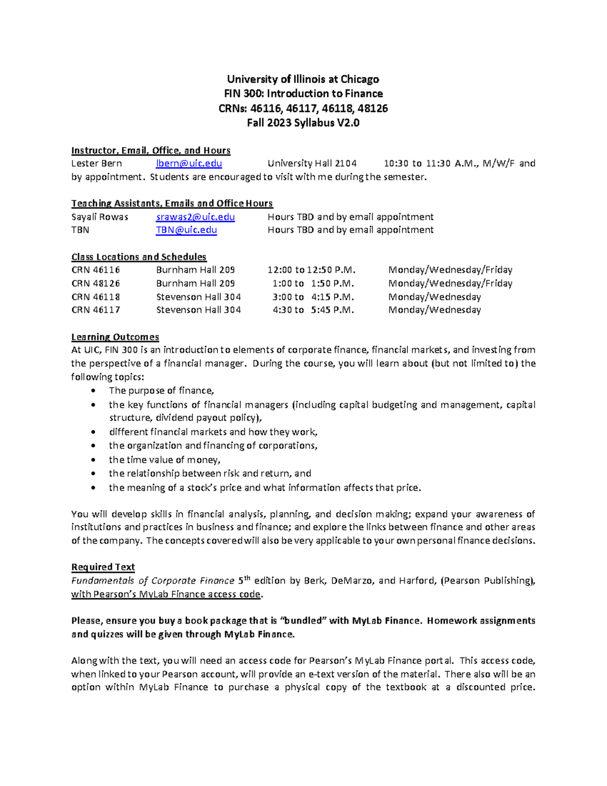 FIN 300 Introduction to Finance Fall 2023 Syllabus V2 - University of ...