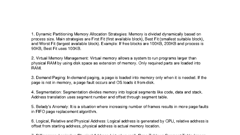 MEMORY MANAGEMENT (CS101): Dynamic Partitioning & Virtual Memory ...