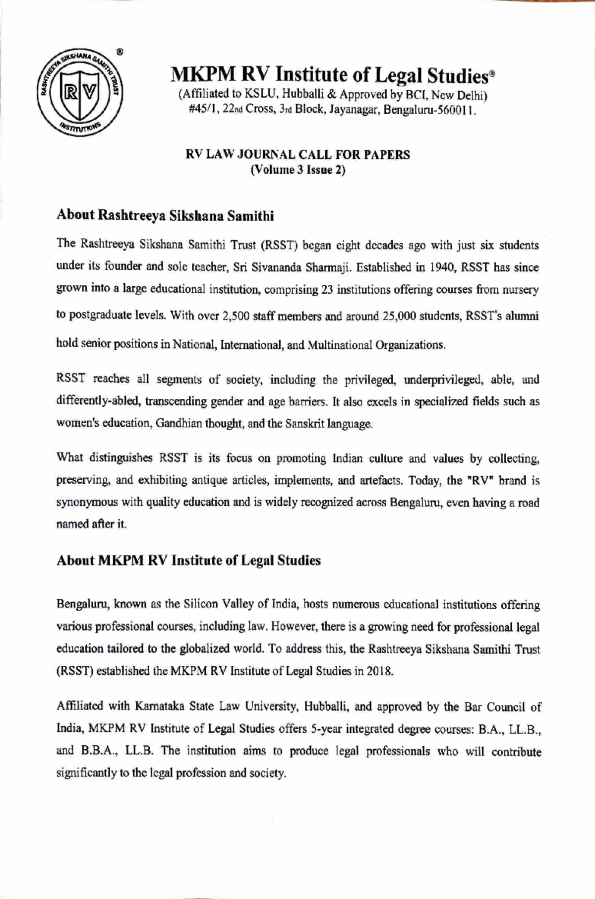 Call for Papers for RV Law Journal Volume 3 Issue 2 - Jan 2025 - Studocu