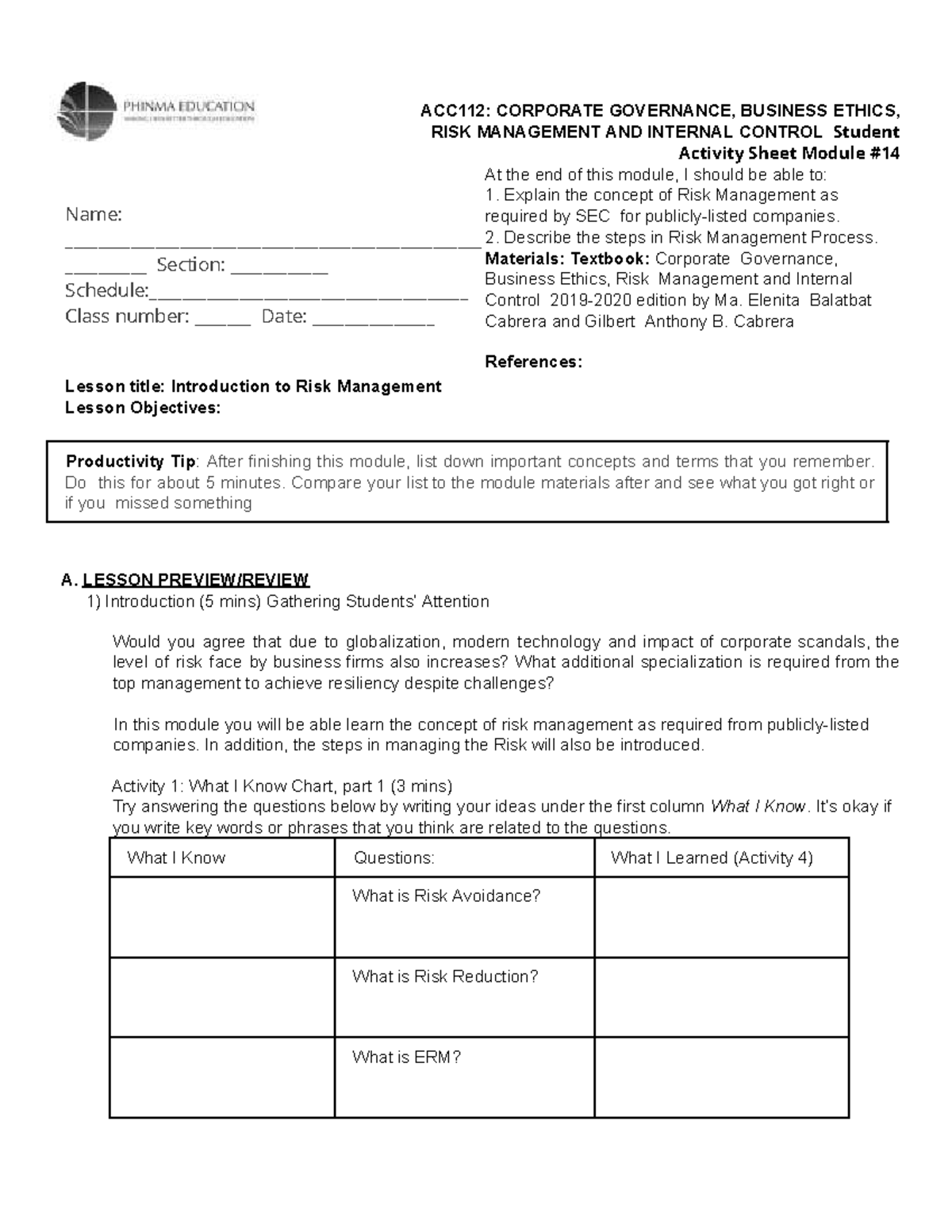 ACC112: Student Activity Sheet on Risk Management Concepts and ...