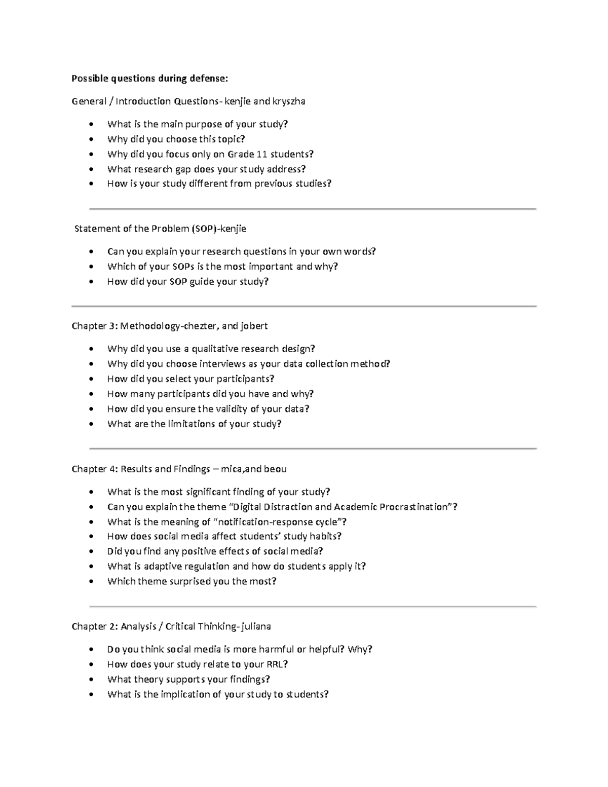 Possible Defense Questions: Social Media's Impact on Grade 11 Study ...