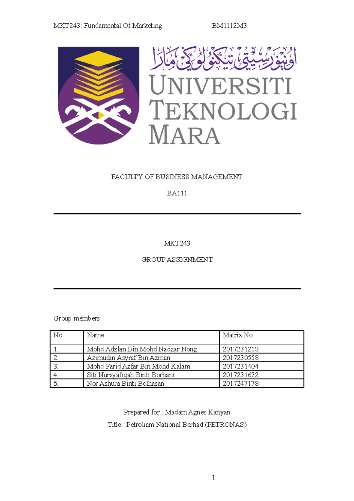 Group Assignment MKT - FACULTY OF BUSINESS MANAGEMENT BA MKT GROUP ...