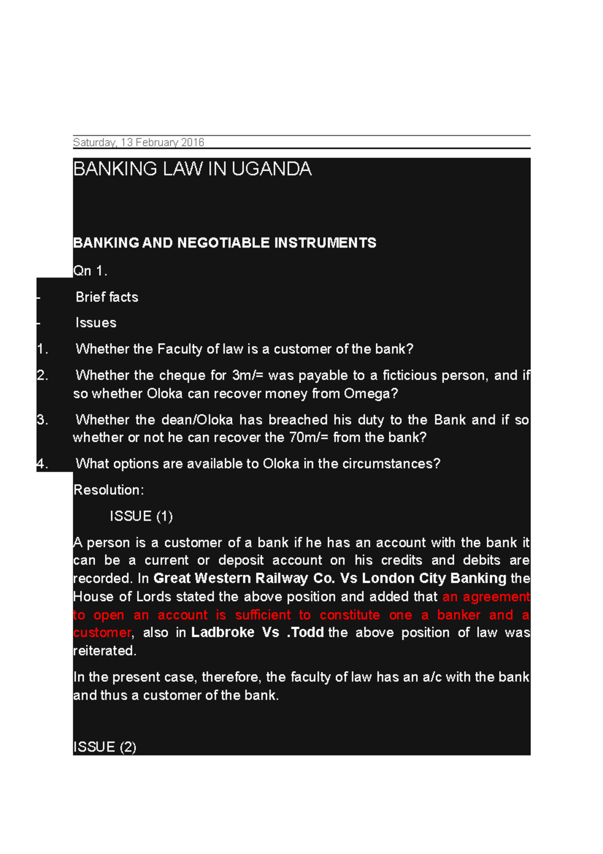 Banking Law Notes (UGA 101) - Key Issues and Resolutions Analysis - Studocu