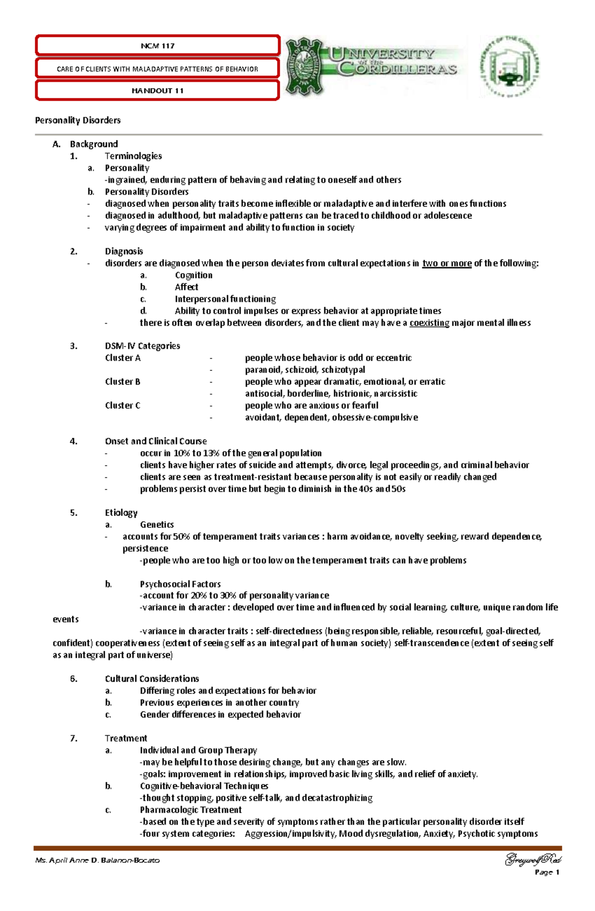 Care of Clients with Maladaptive Patterns of Behavior - NCM 117 Handout ...