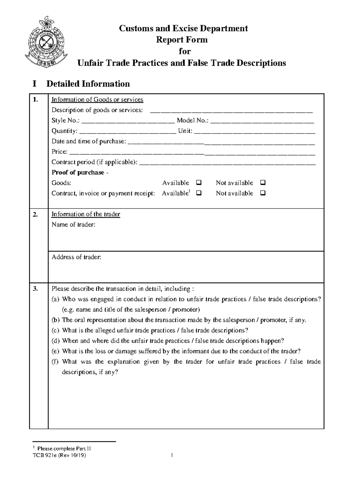 TCB 921e - Report Form for Unfair Trade Practices in Hong Kong - Studocu