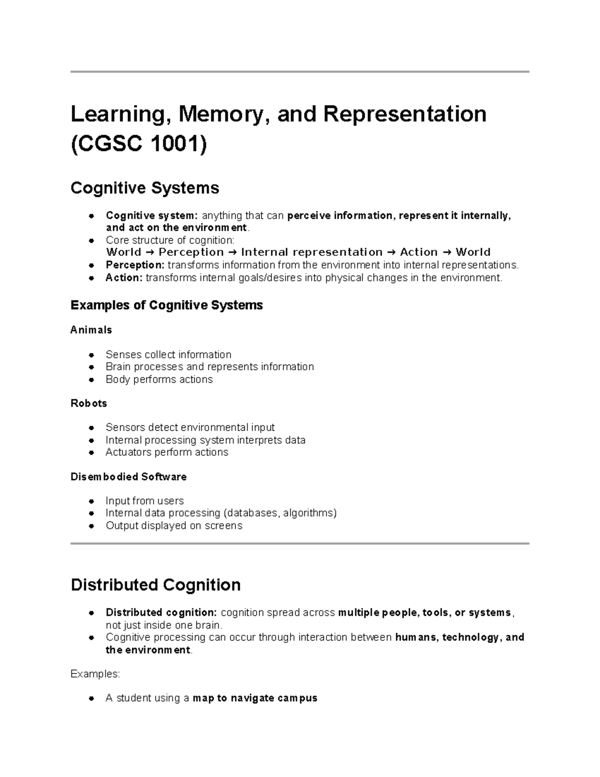 Cognitive Systems: Learning, Memory, and Representation (CGSC 1001 ...
