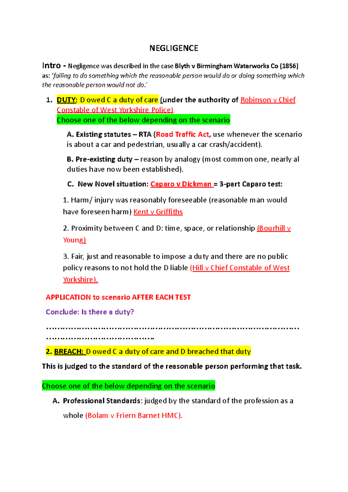 Negligence Law Structure Sheets: Key Principles & Cases - Studocu