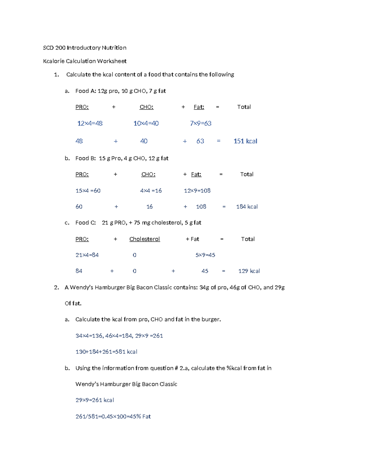 Kcal Calculation Worksheet Answers for SCD 200 Nutrition - Studocu