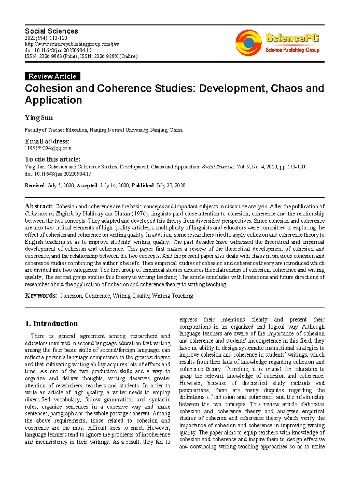 Cohesion and Coherence Studies: Development and Application in Social ...
