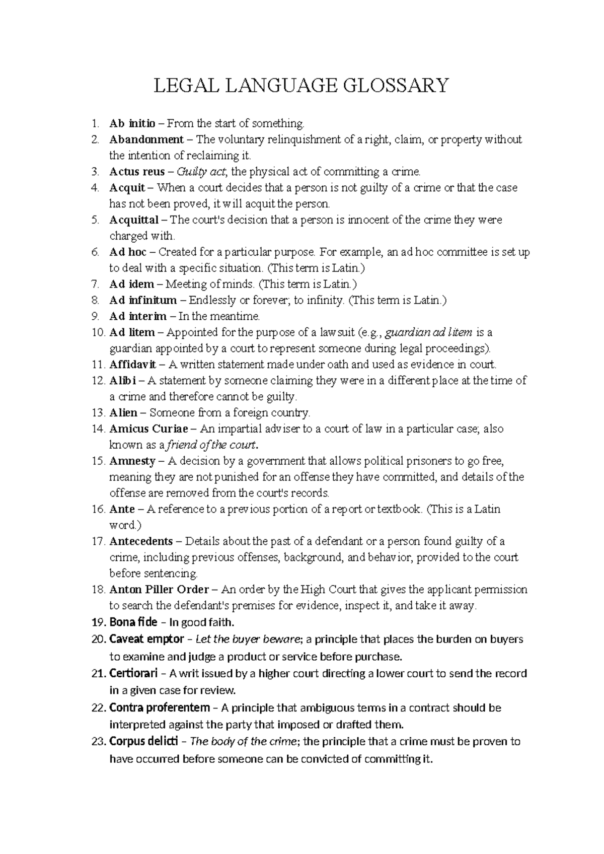 Legal Glossary 2: Key Terms and Definitions for Law Students - Studocu