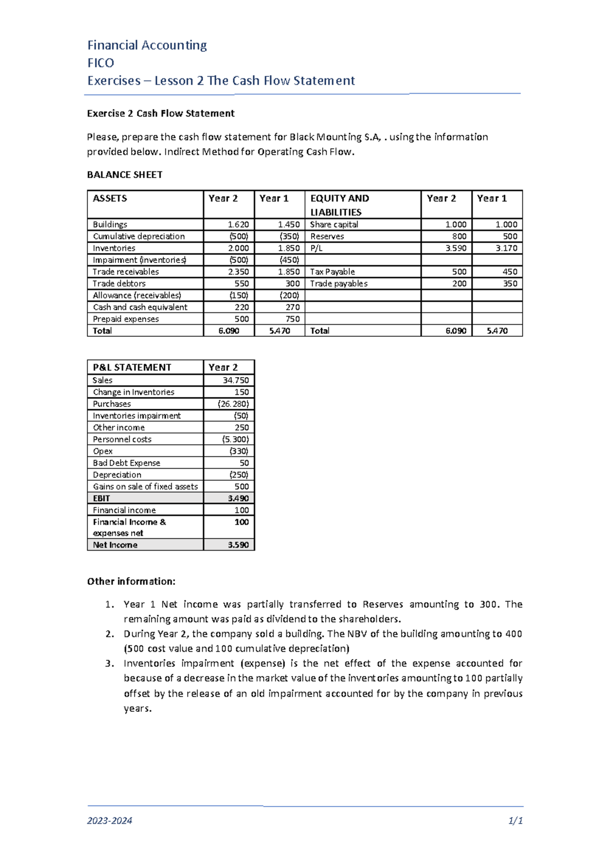 Financial Accounting FICO Exercise 2.2: Cash Flow Statement Analysis ...