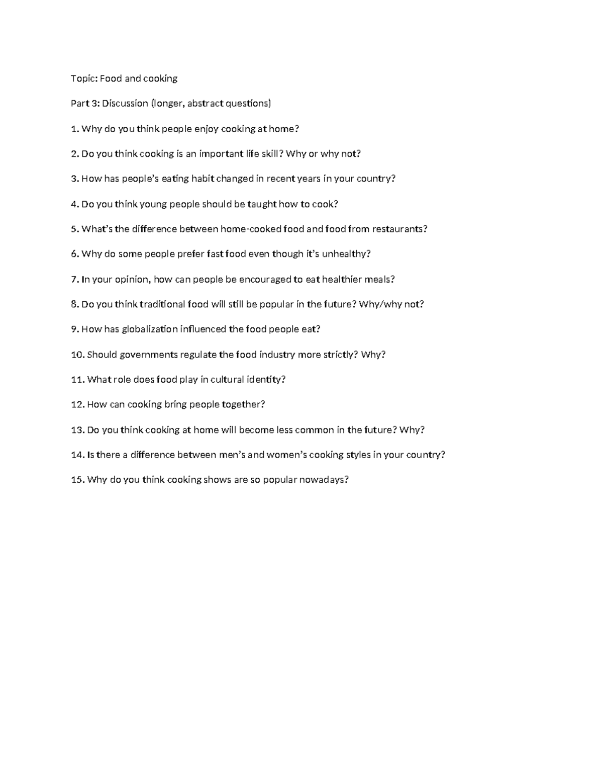 Food and Cooking Discussion Questions P3: Home Cooking Insights - Studocu