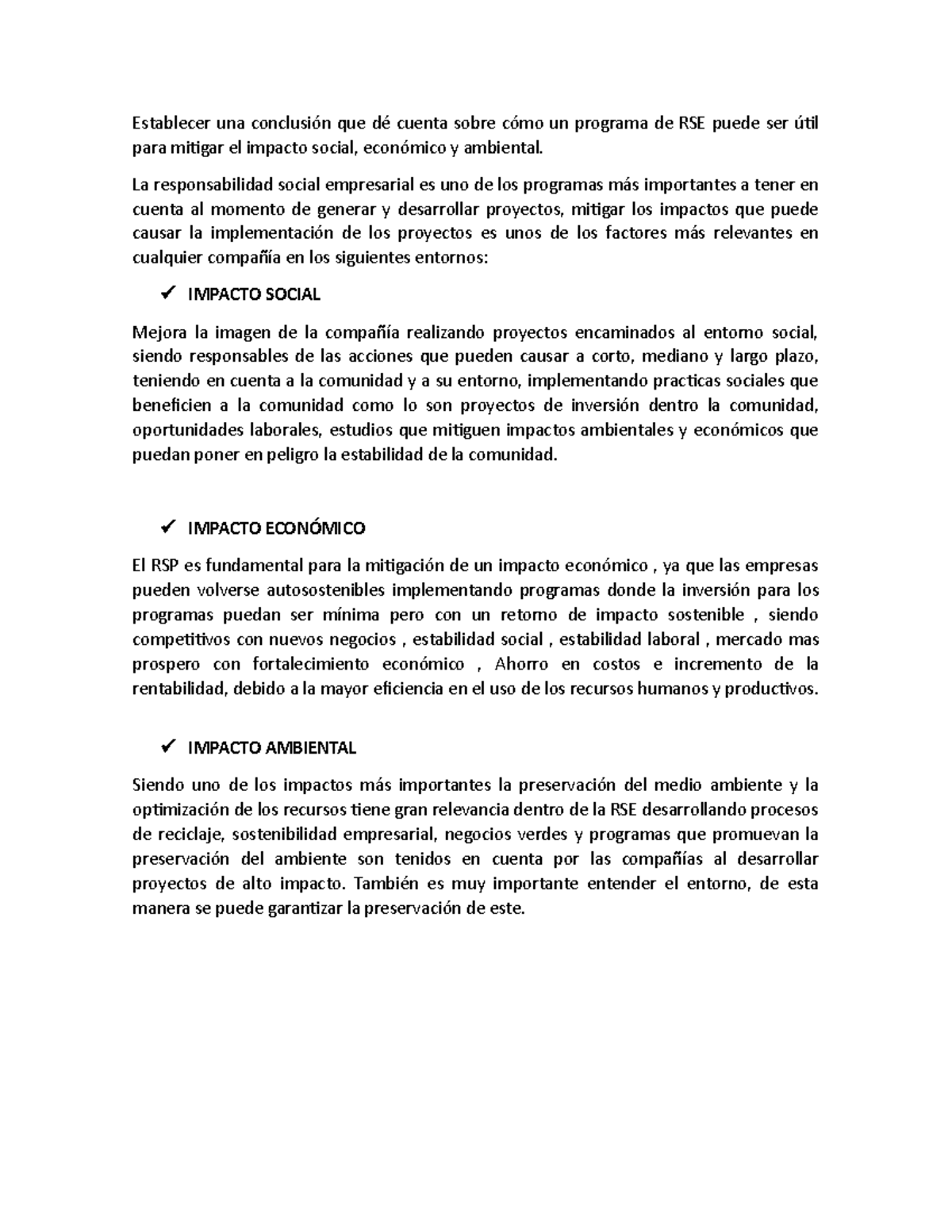 RSE Entrega 2 - Impactos de la Responsabilidad Social Empresarial - Studocu