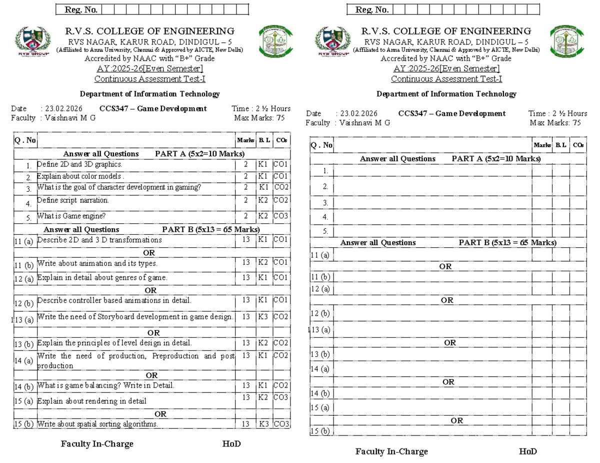 CCS347 Game Development Continuous Assessment Question Paper - Studocu