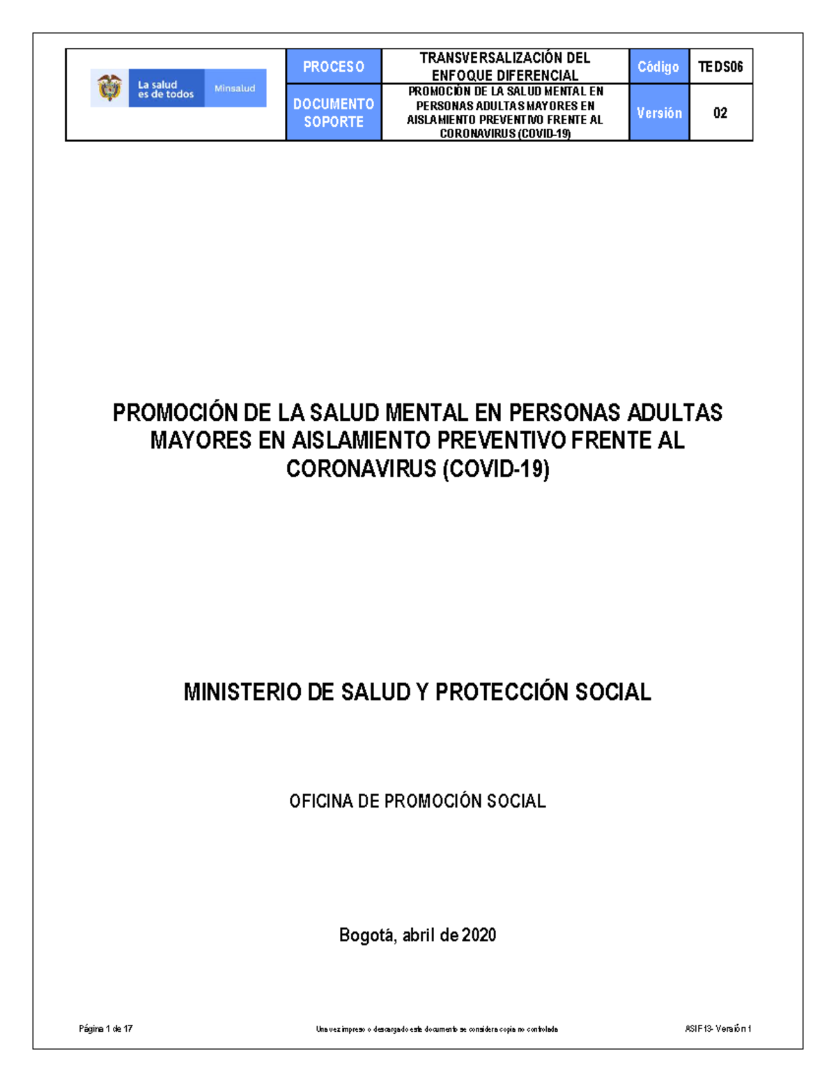 Promoción de la Salud Mental en Adultos Mayores TEDS06 durante COVID-19 ...