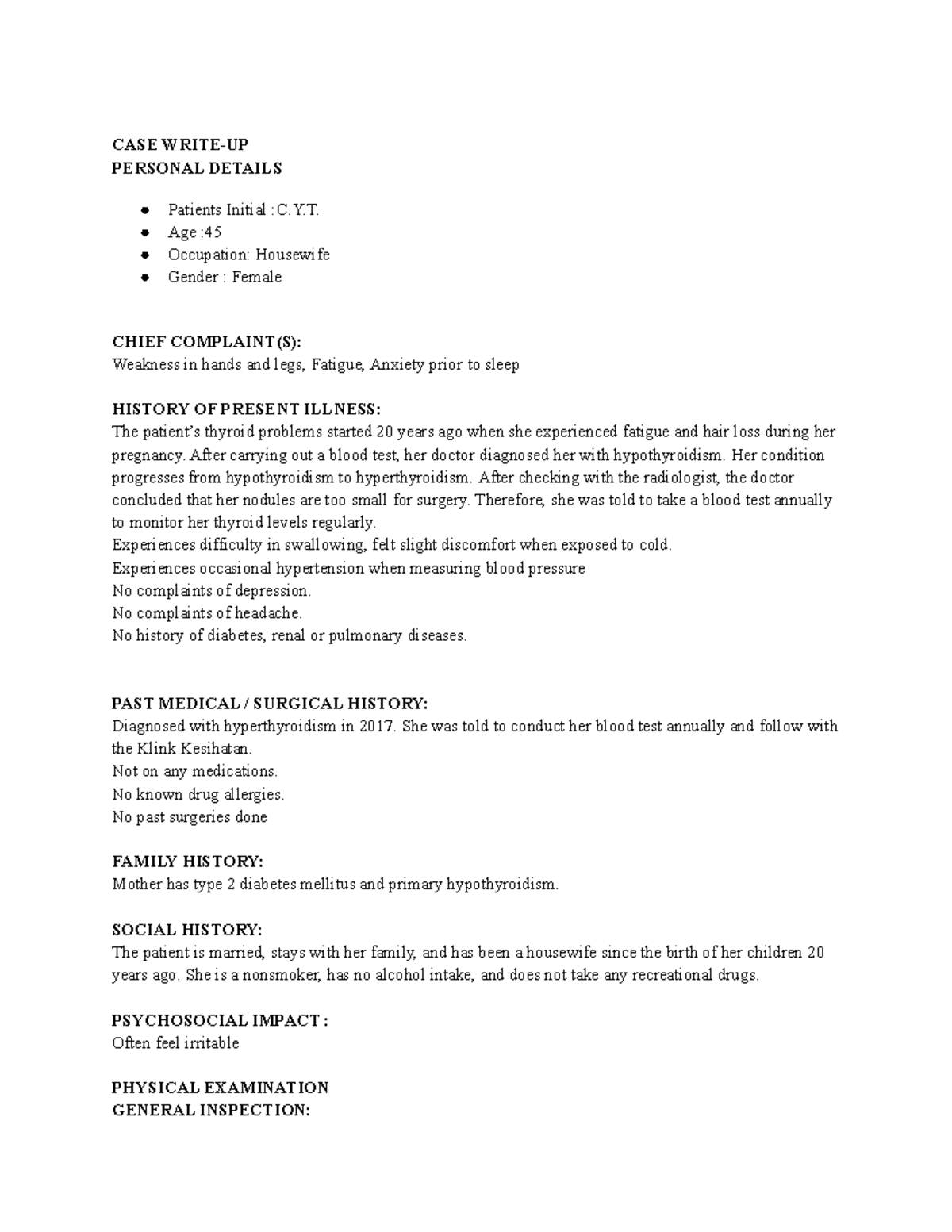CASE Study Write-Up for Patient C.Y.T. - Health & History Analysis ...