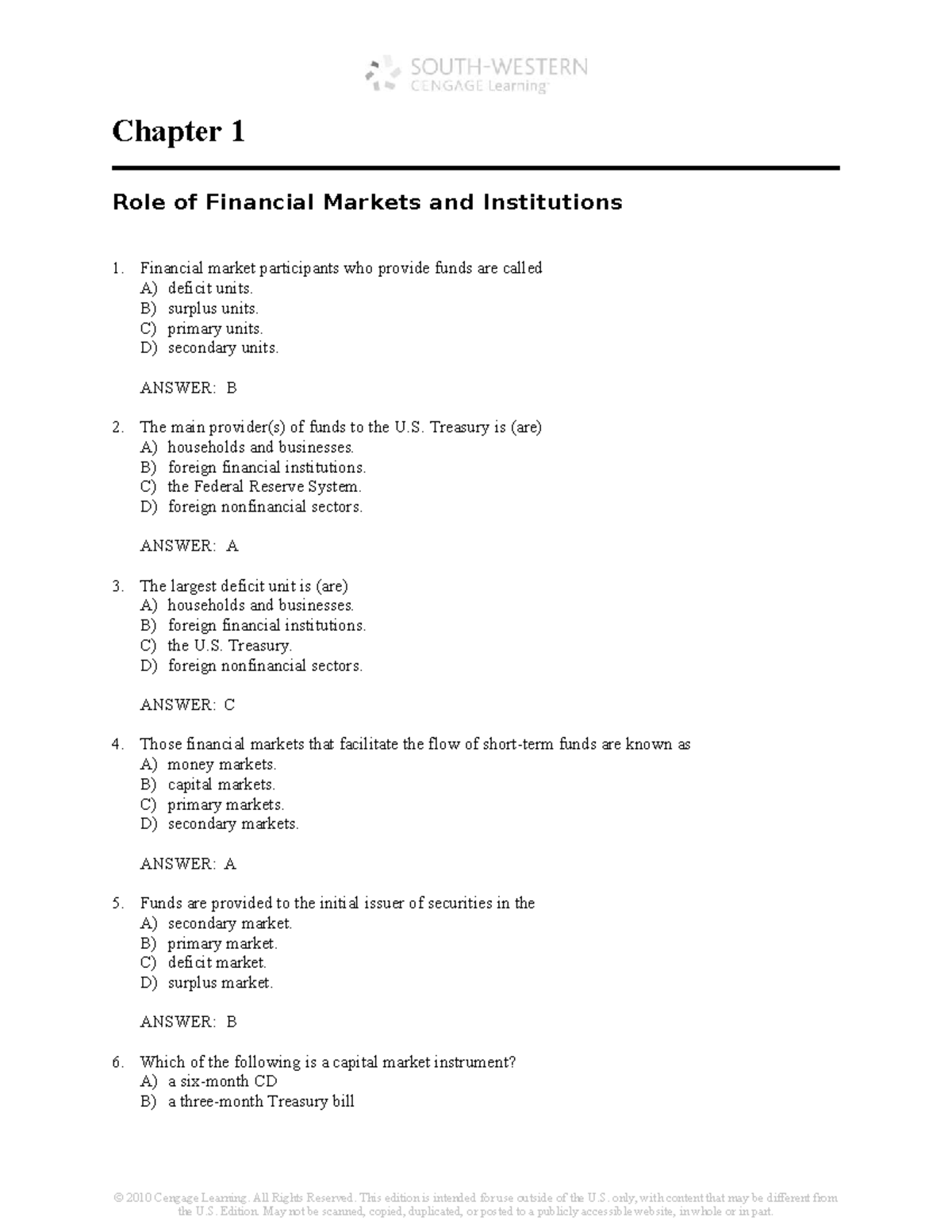 Chapter 1 Test Bank: Role of Financial Markets & Institutions - Studocu