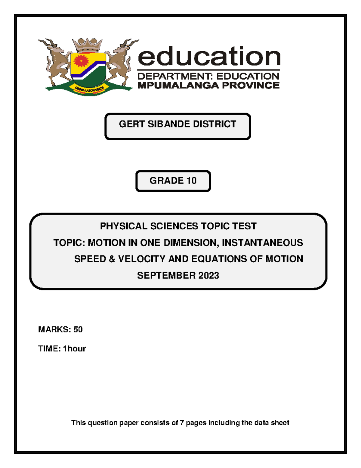 G10 PHYSICAL SCIENCES TOPIC TEST: MOTION, SPEED & VELOCITY 2023 - Studocu