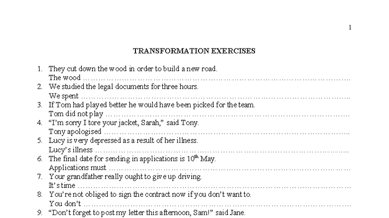 Transformation Exercises: Practice for English Language Skills - Studocu