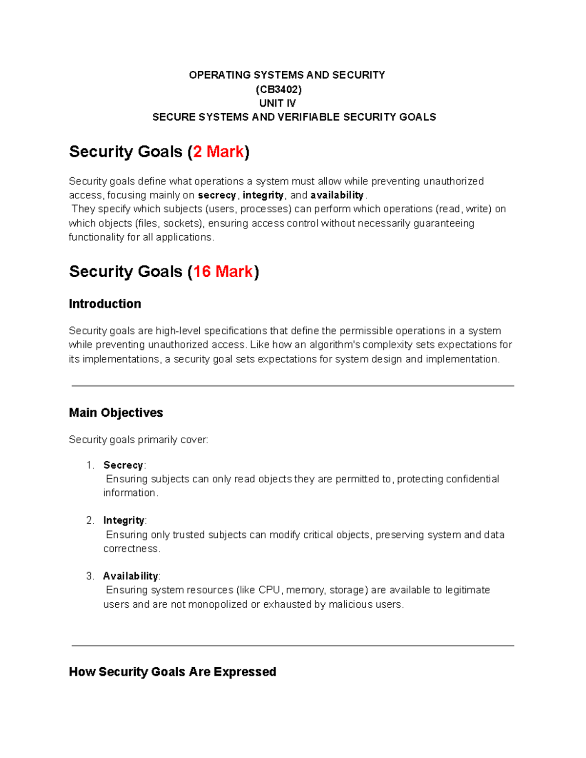 Unit IV: Secure Systems & Verifiable Security Goals (CB3402) - Document Preview