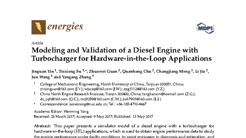 Modeling and Validation of a Diesel Engine with Turbocharger for HIL ...