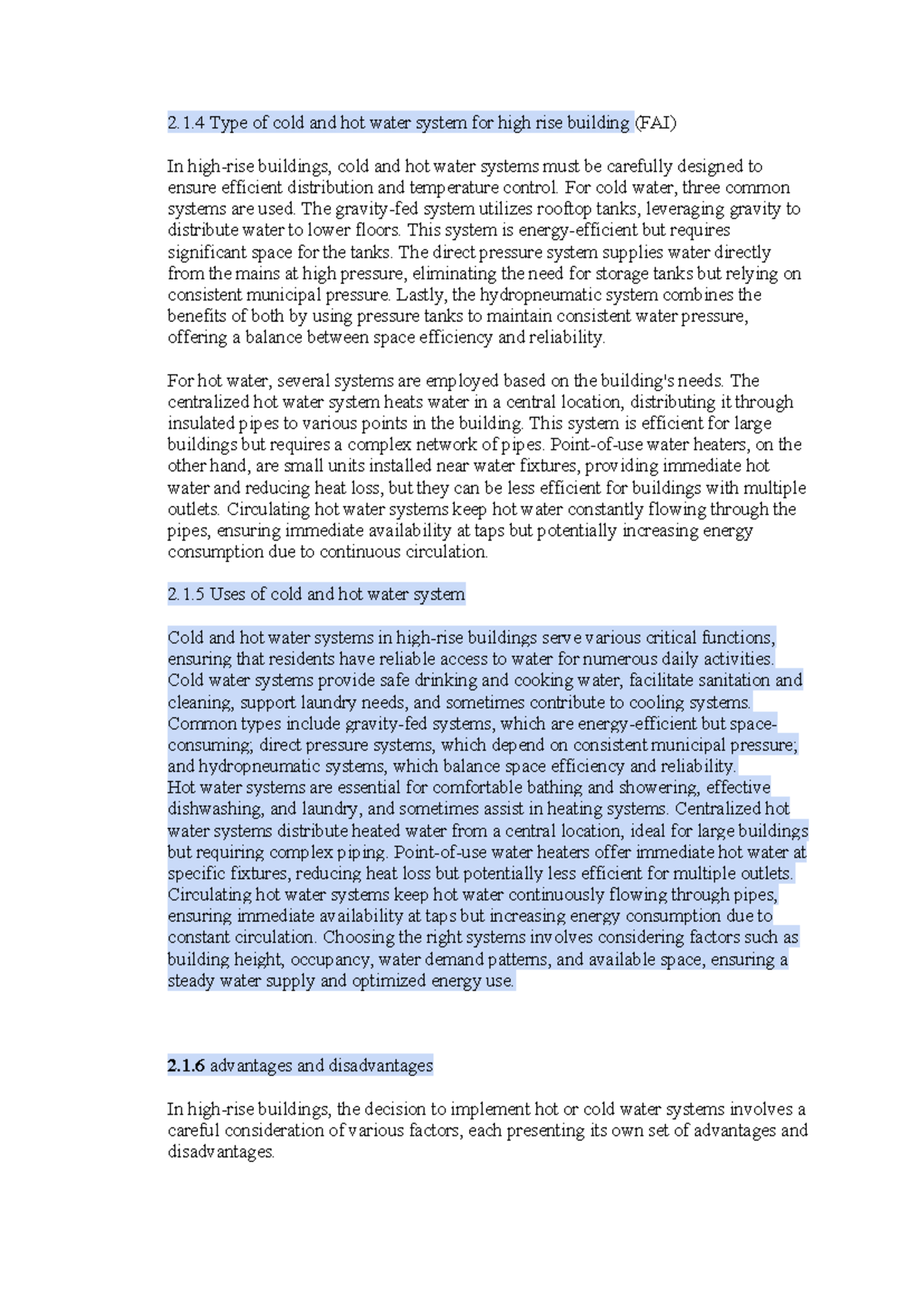 BS (FAI) Assignment: Cold and Hot Water Systems in High-Rise Buildings ...