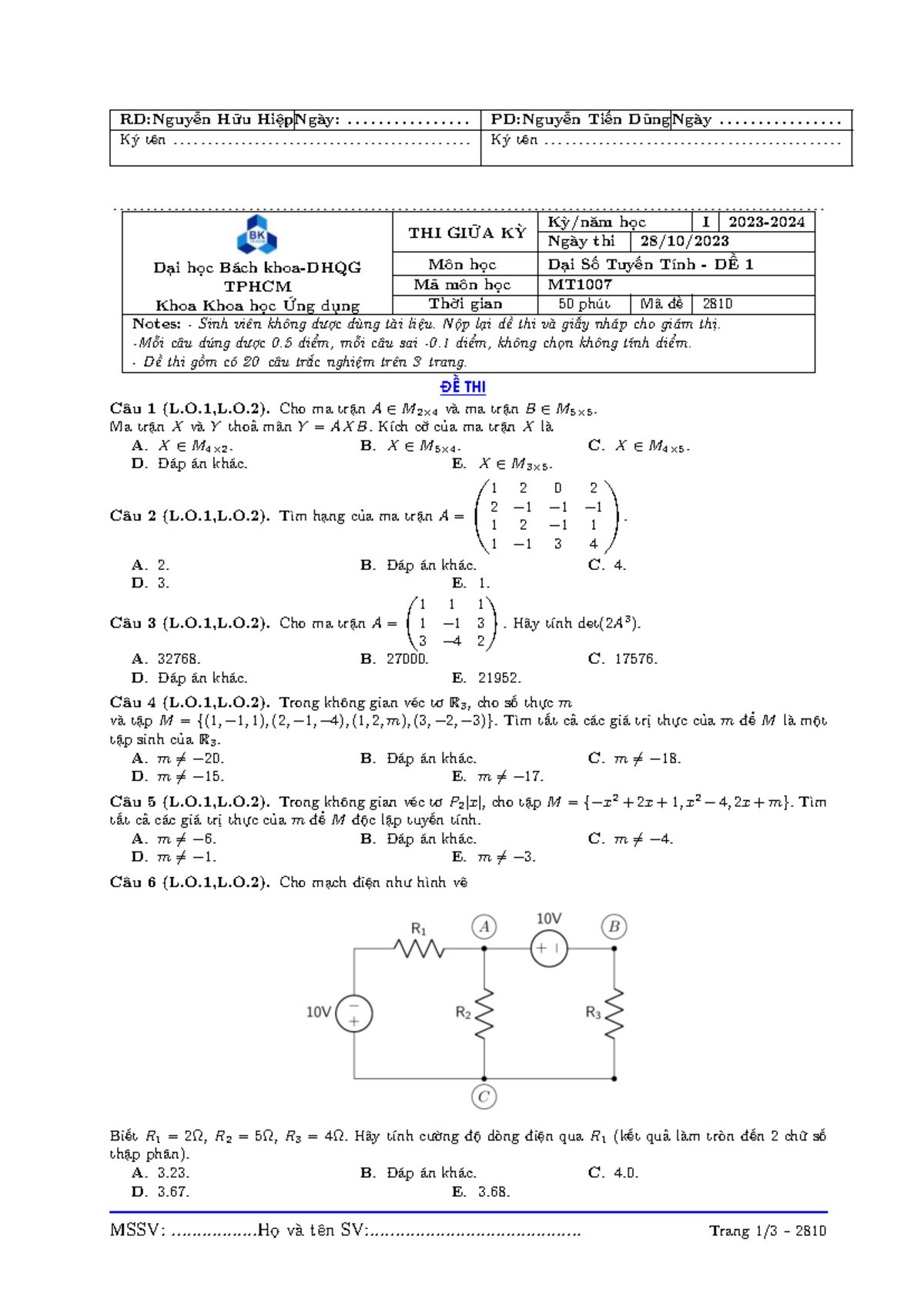 Final Exam MT1007: Matrix Calculations and Linear Algebra Concepts ...