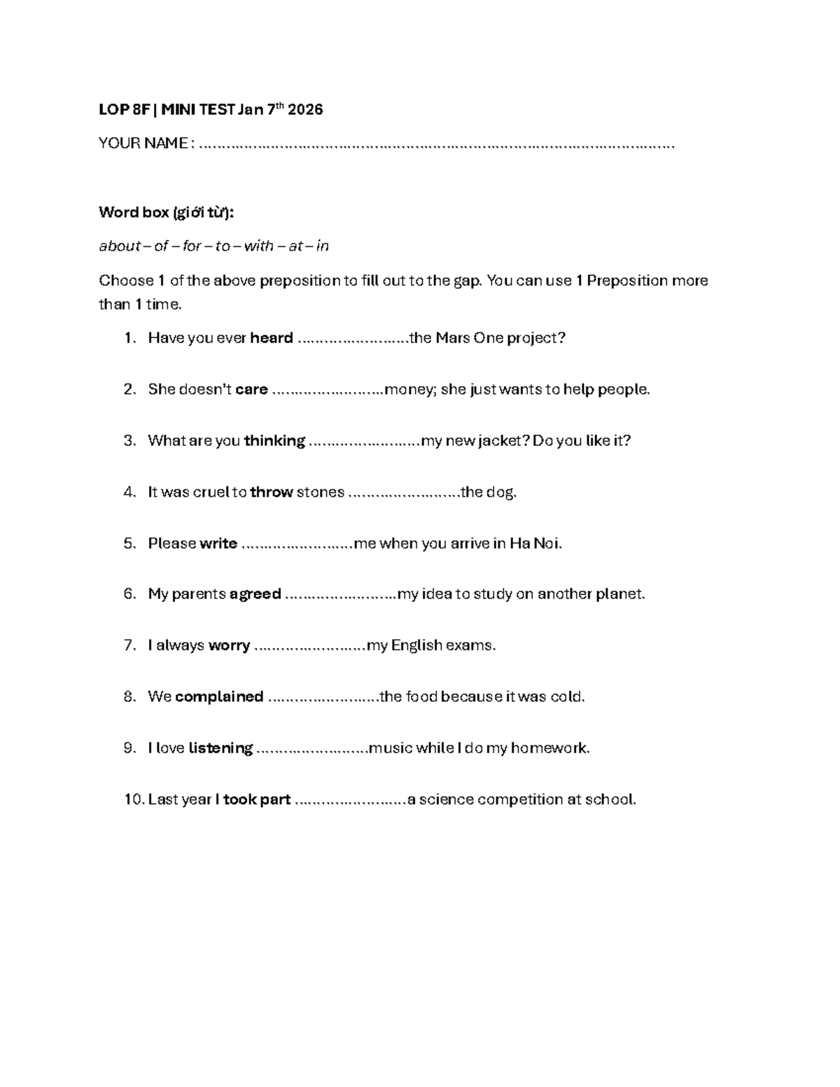 LOP 8F Mini Test: Prepositions Practice - Jan 7, 2026 - Studocu