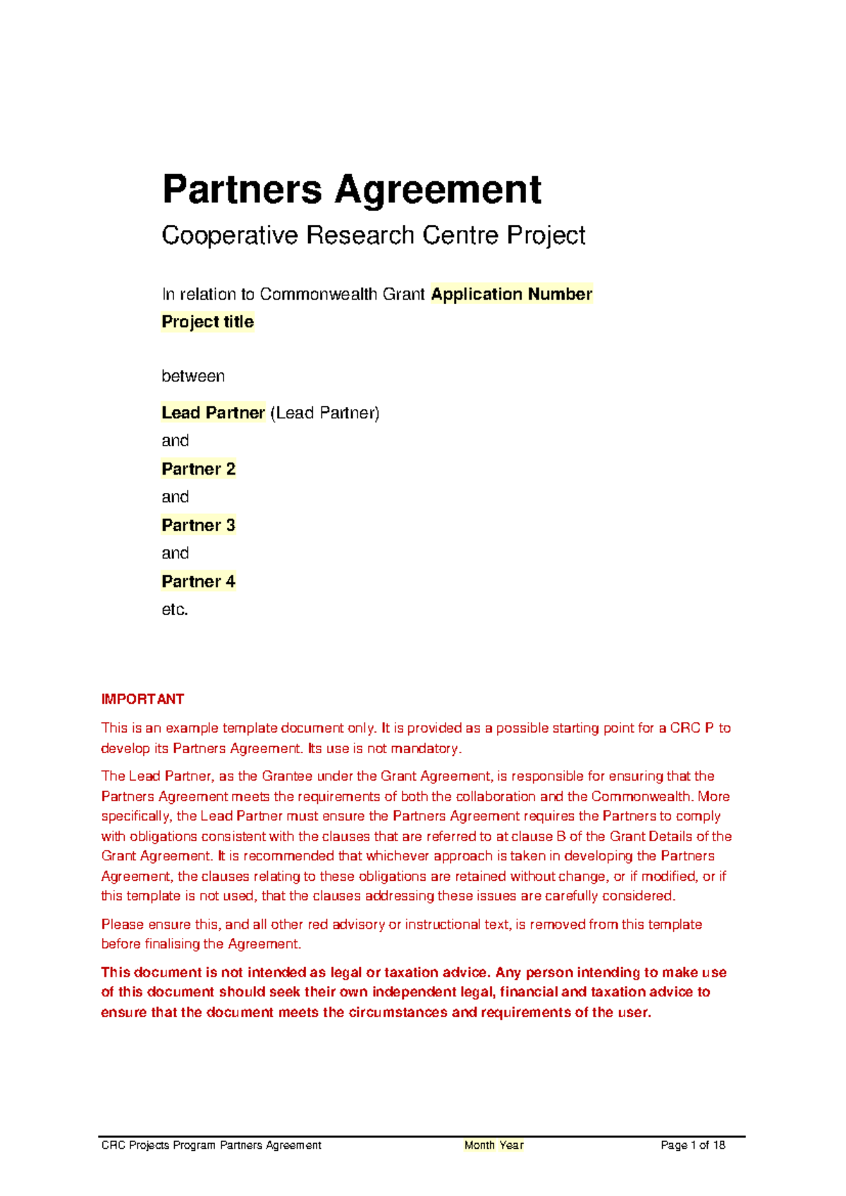 CRCP Partners Agreement template PDF - Partners Agreement Cooperative ...
