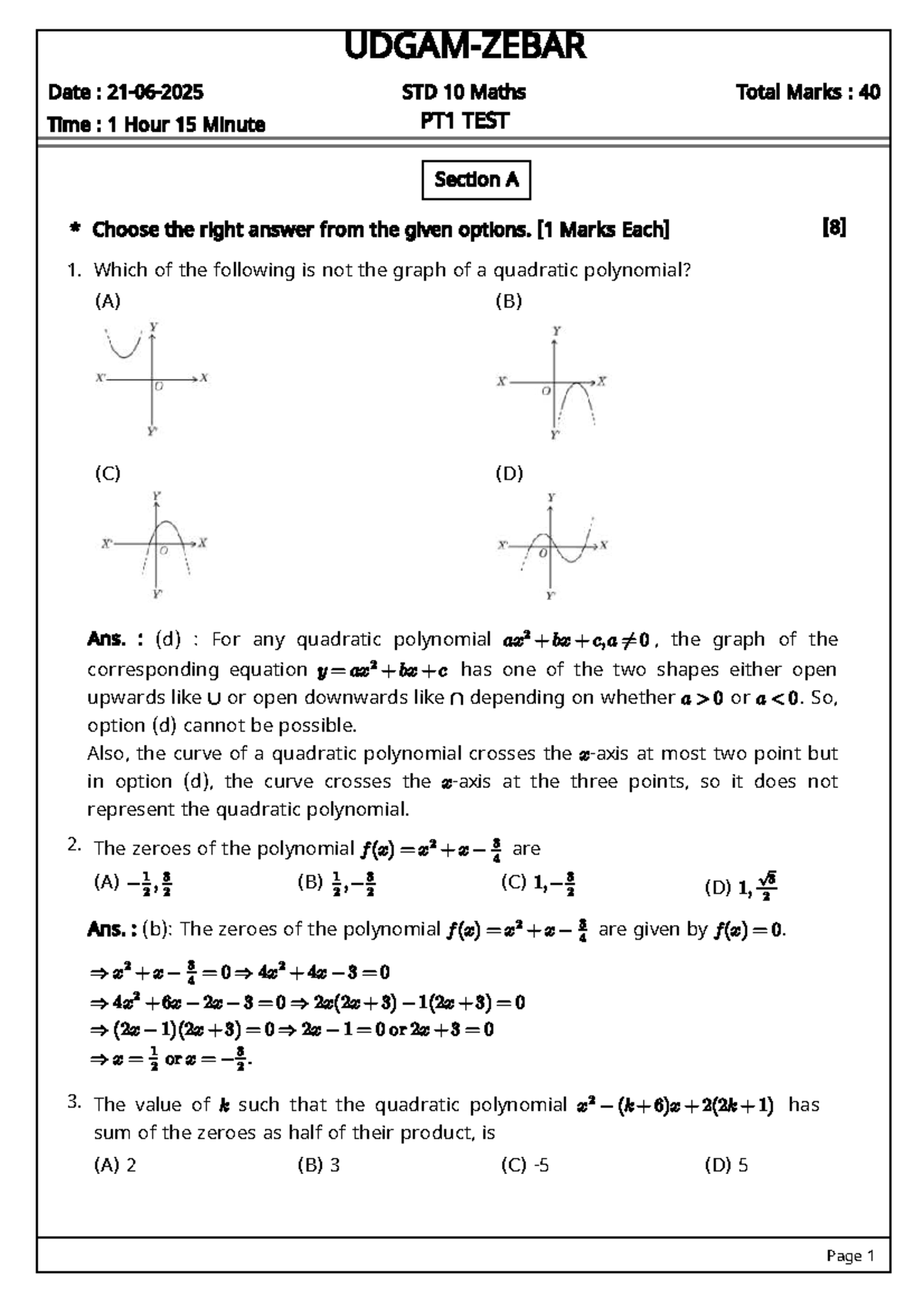 10th Std Maths PT1 Test Solutions: Questions 1-20 - Studocu