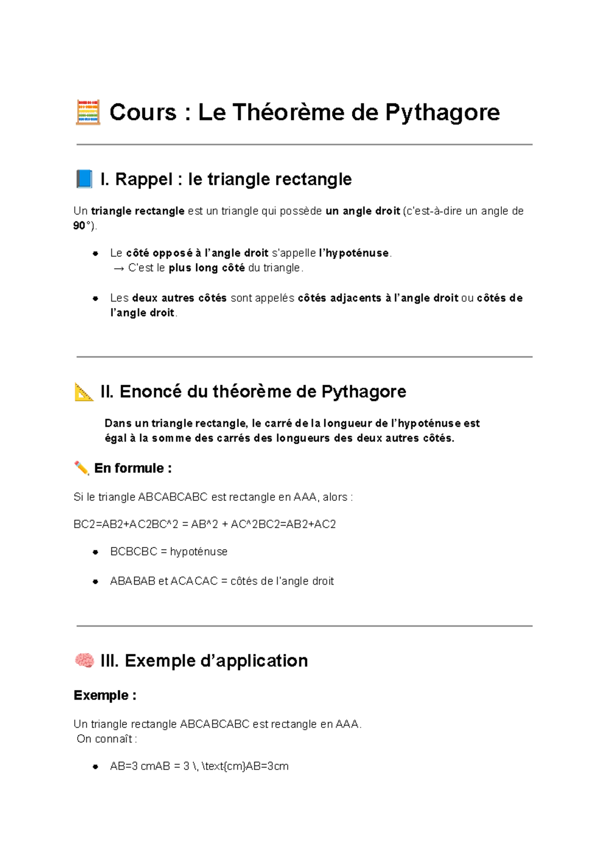 Cours : Le Théorème de Pythagore - Triangle Rectangle et Applications ...