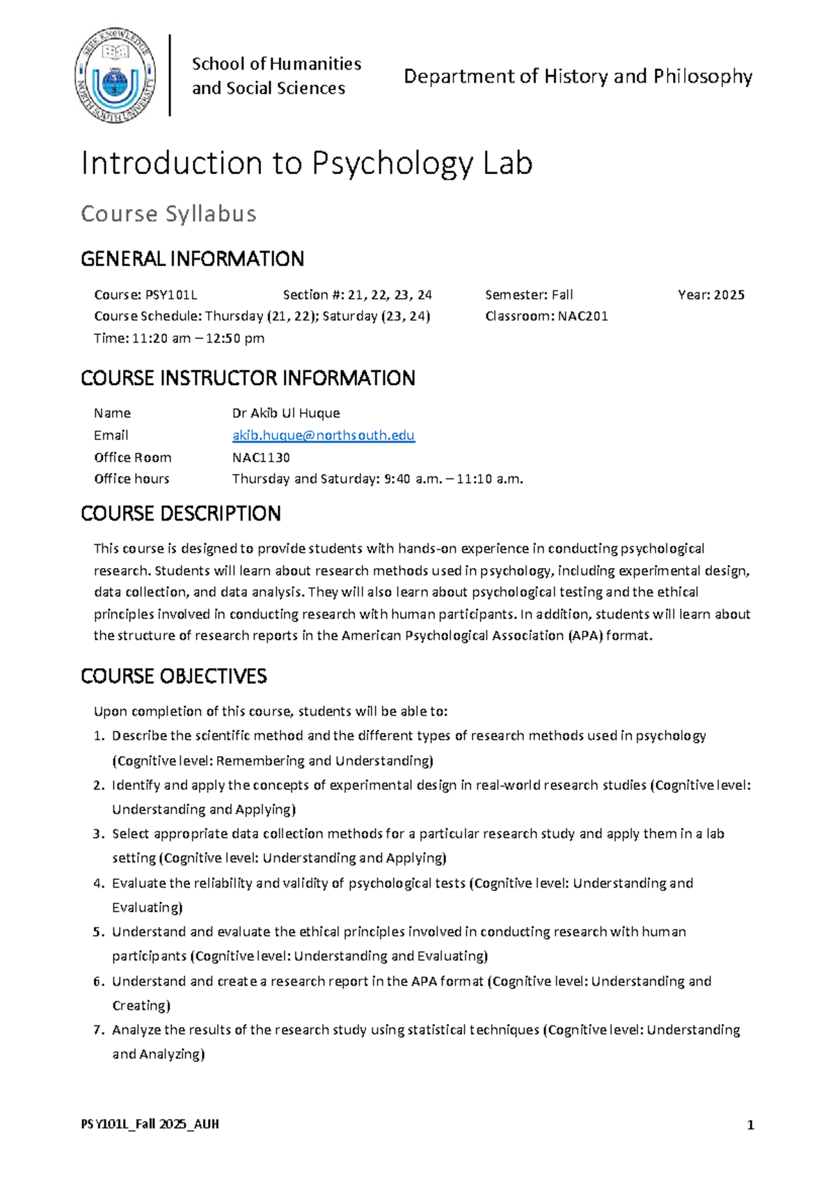 PSY101L_Fall 2025_Introduction to Psychology Lab Syllabus - Studocu