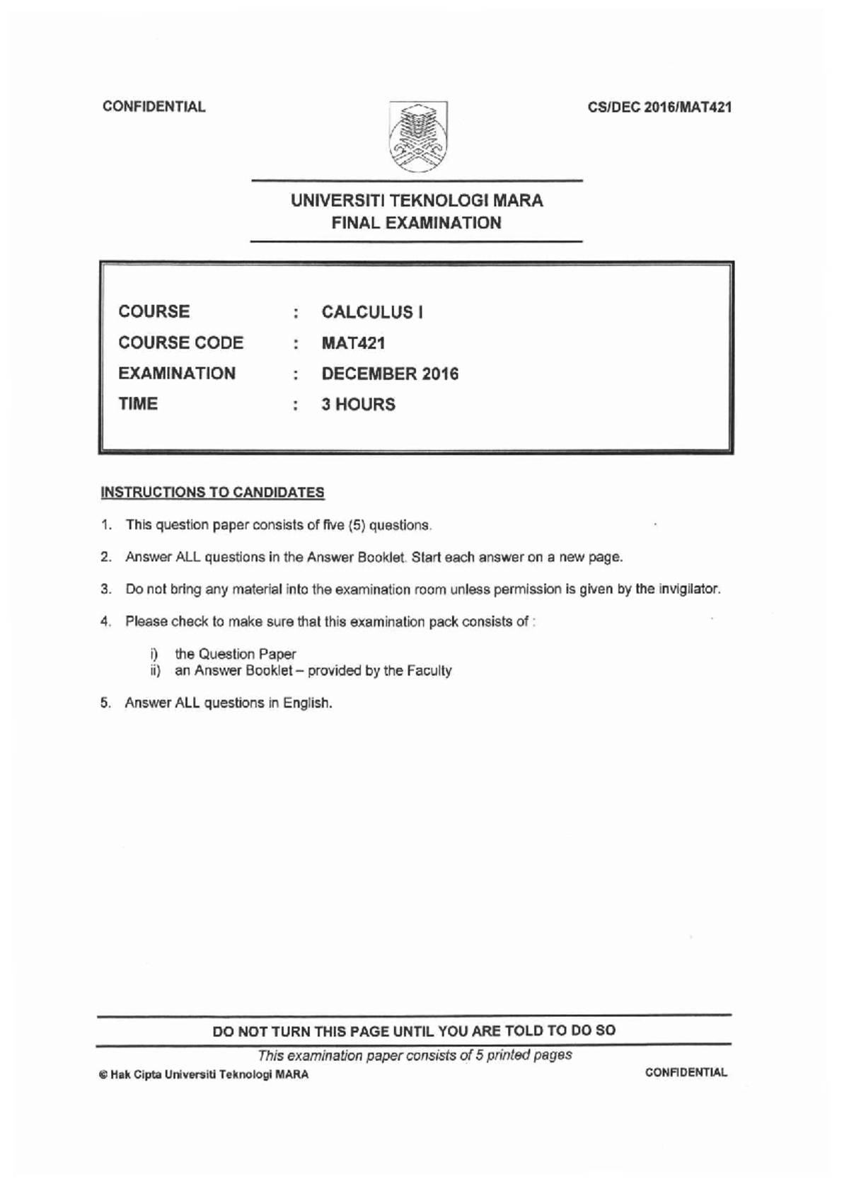 Final Exam MAT421 Calculus I December 2016 - Past Year Paper - Studocu