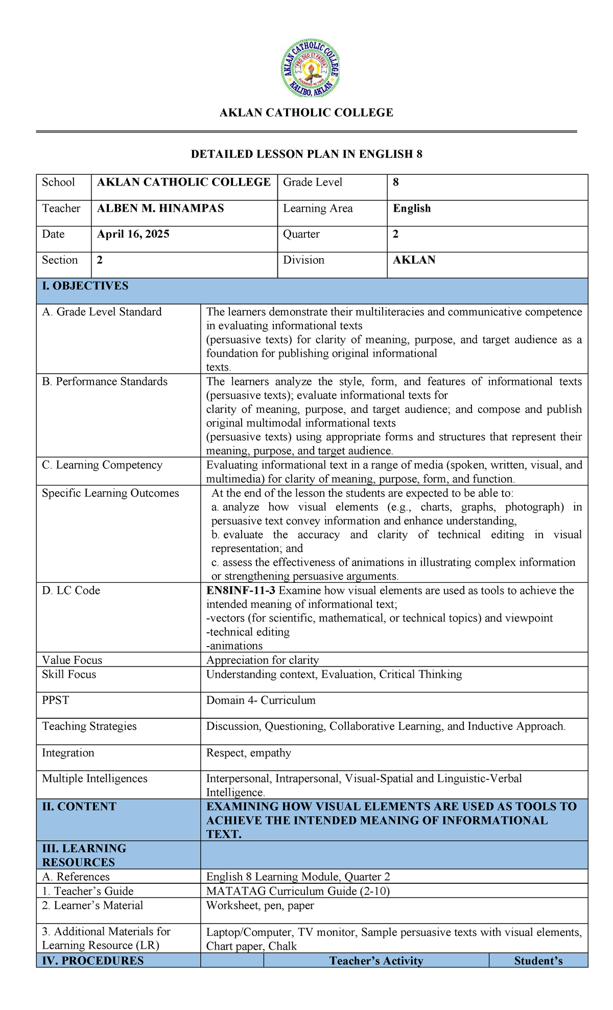 AKLAN CATHOLIC COLLEGE DETAILED LESSON PLAN: ENGLISH 8 - Visual ...