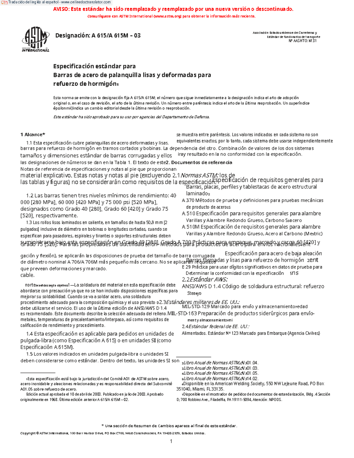 Especificación ASTM A 615M 03 para Barras de Acero de Refuerzo - Studocu