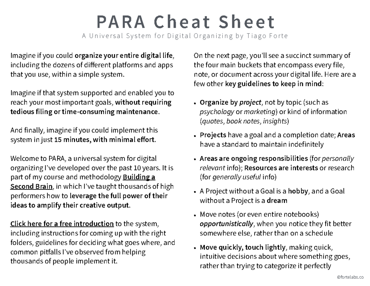 PARA Cheat Sheet - Universal System for Digital Organization - Studocu