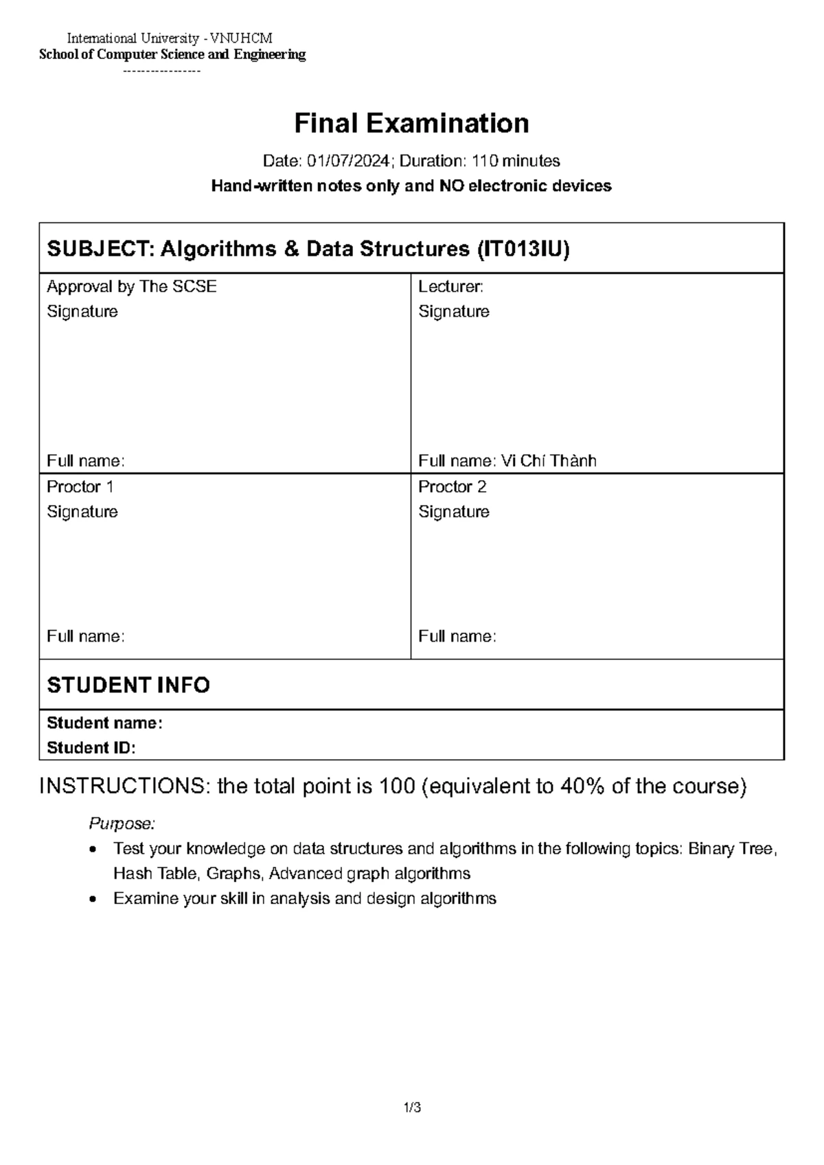 DSA Final Exam 2019: Binary Trees, Hash Tables & Graph Algorithms - Studocu