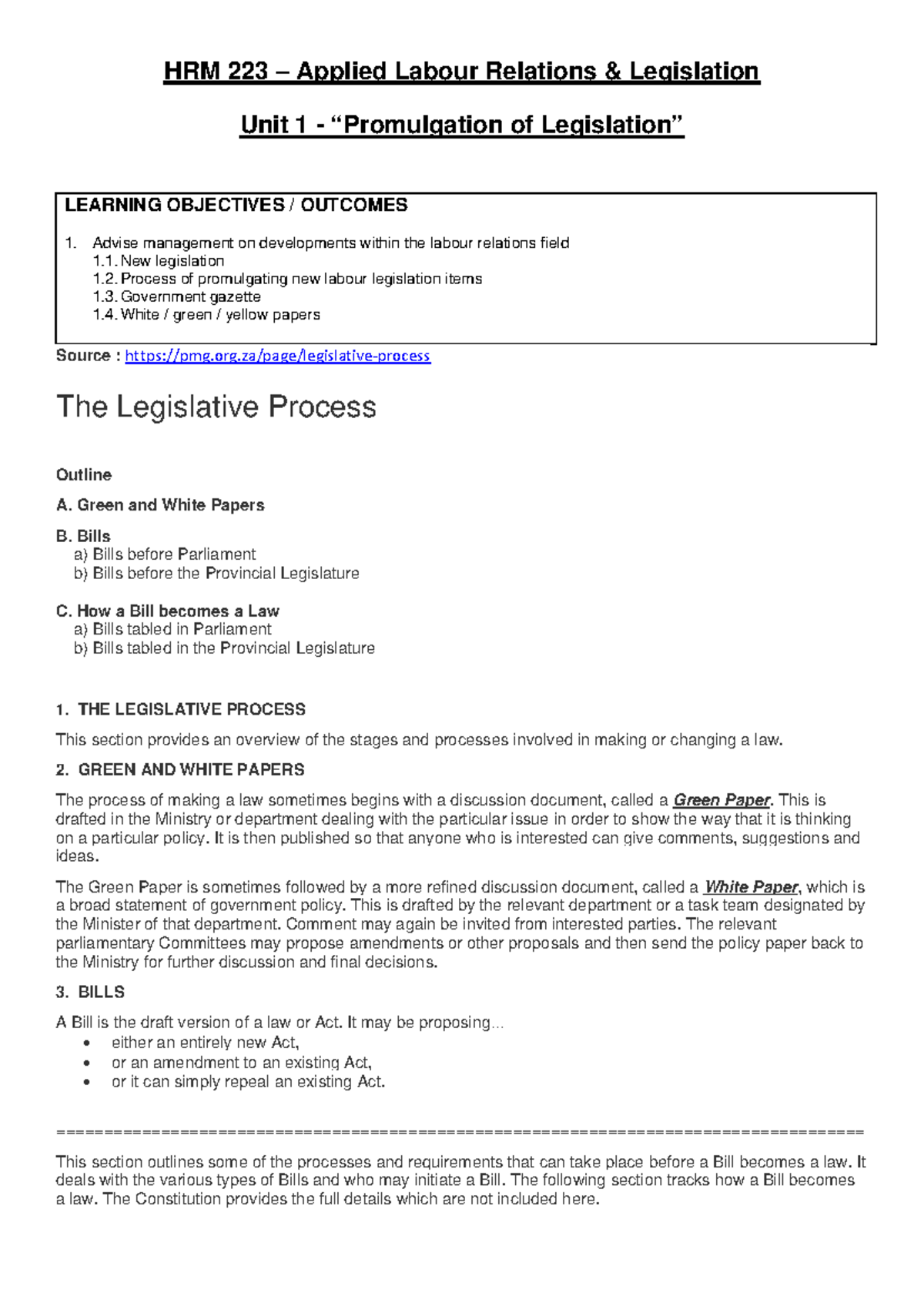 HRM 223 - Unit 1 Class Notes - The Legislative Process Explained - Studocu