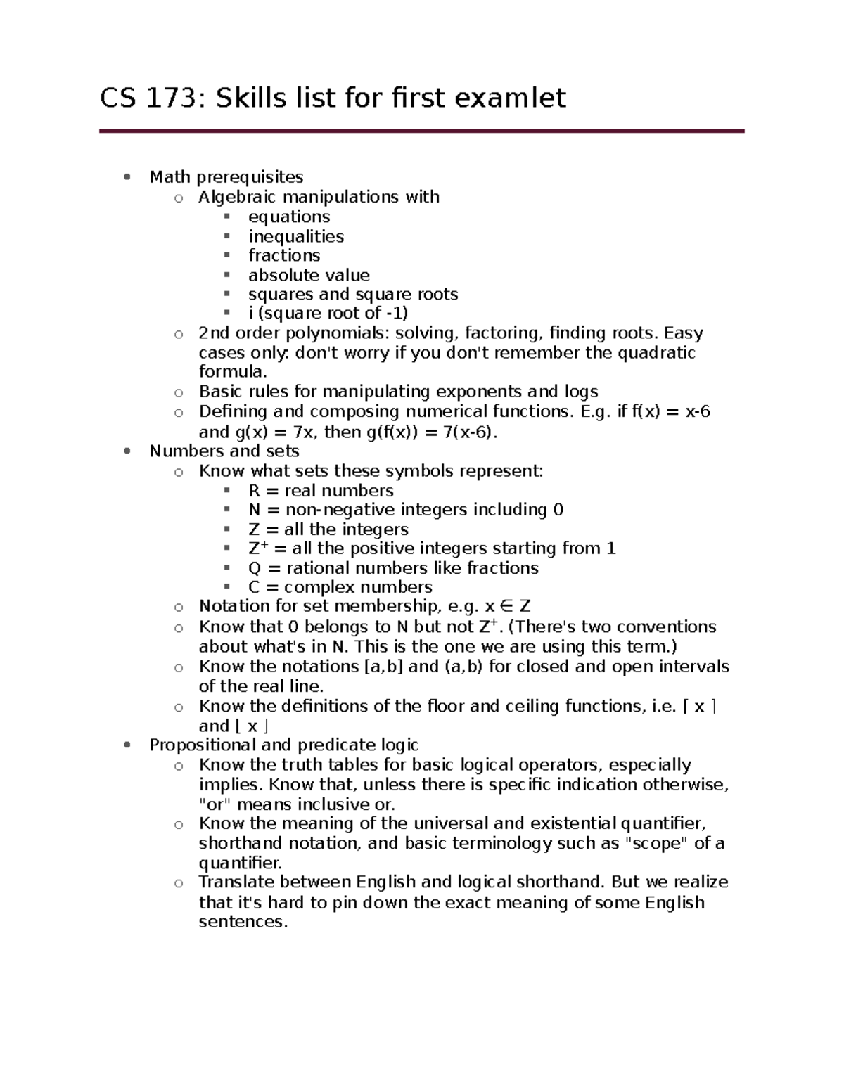 CS 173 - Review Guide for Examlet 1: Key Skills and Concepts - Studocu