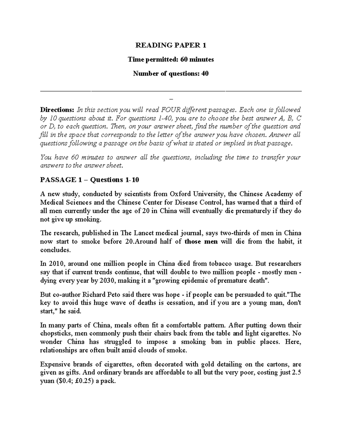 Tài liệu ôn luyện kỹ năng đọc - READING PAPER 1 - Studocu