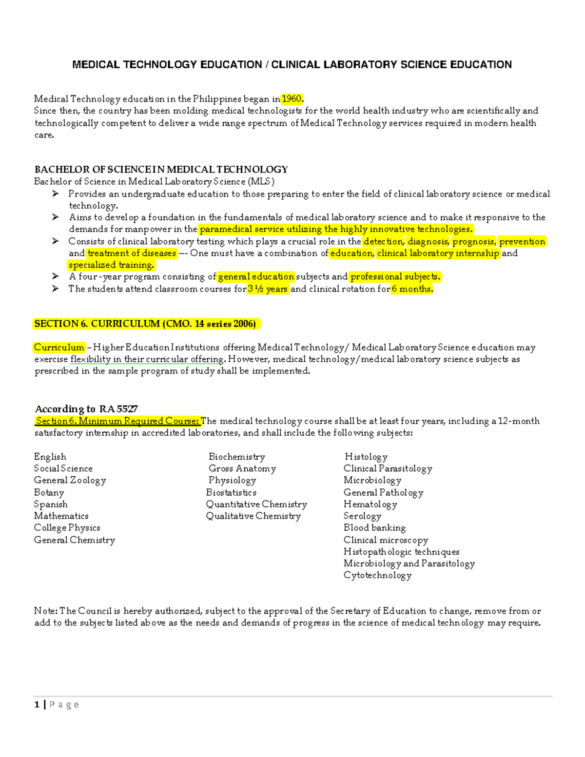 BS Medical Technology Program Overview and Curriculum (CMO. 14 s. 2006 ...