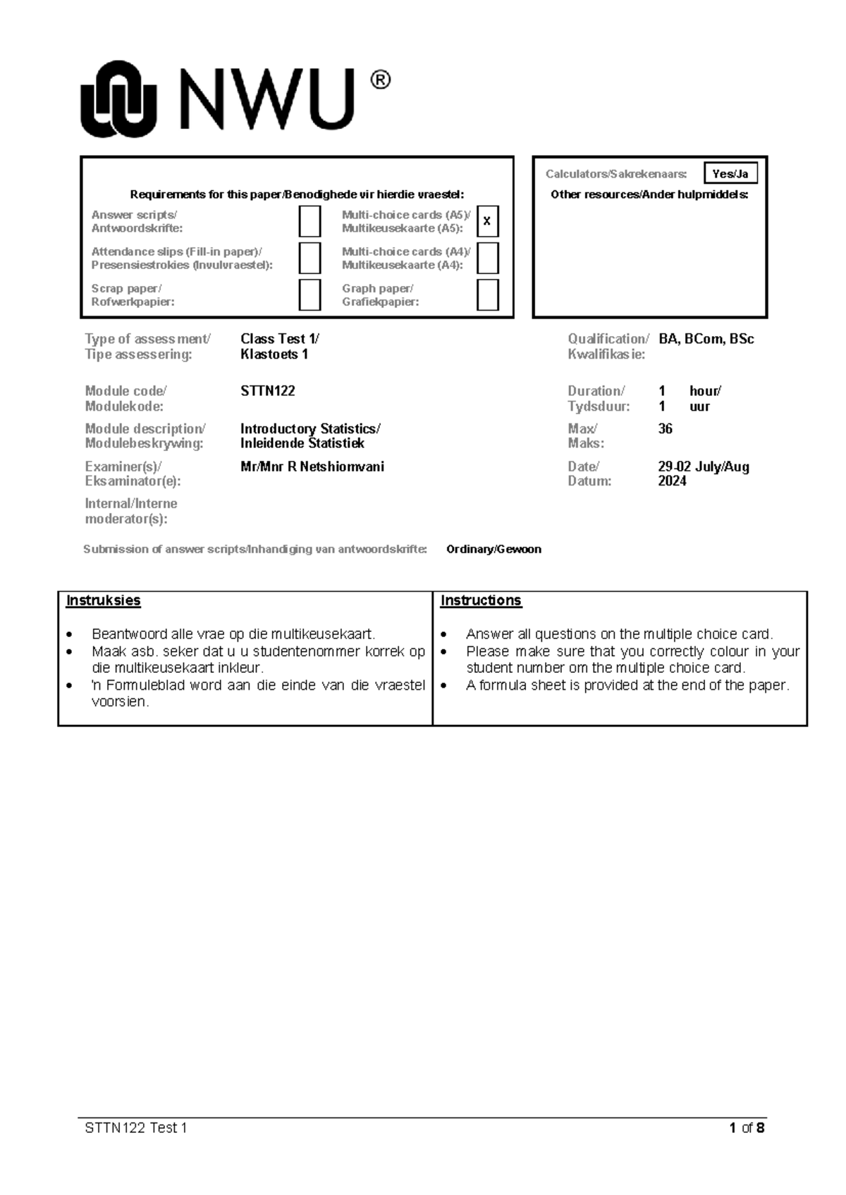 STTN122 Class Test 1 Requirements and Instructions - Studocu