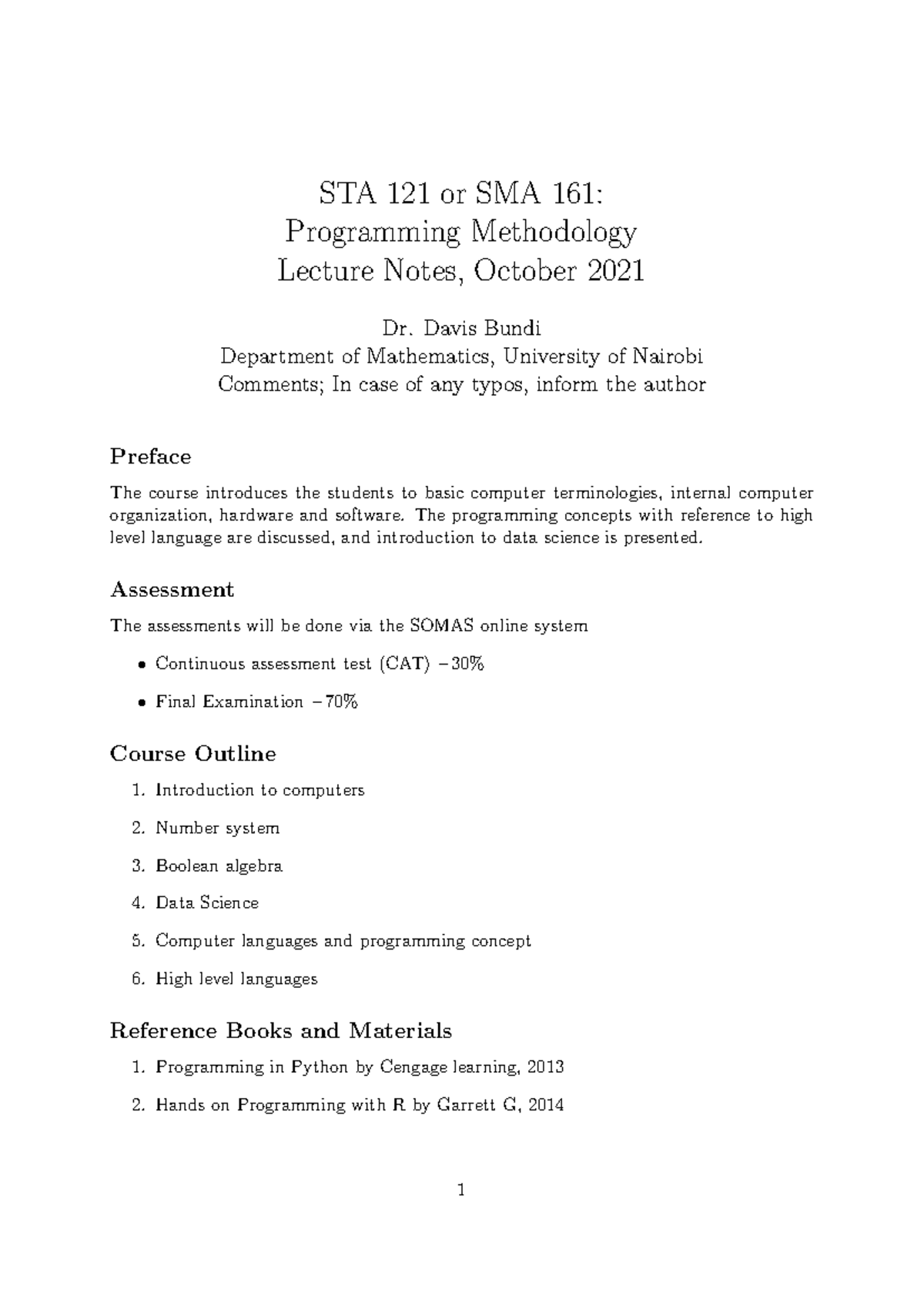 STA 121 & SMA 161 Programming Methodology Lecture Notes - Oct 2021 ...