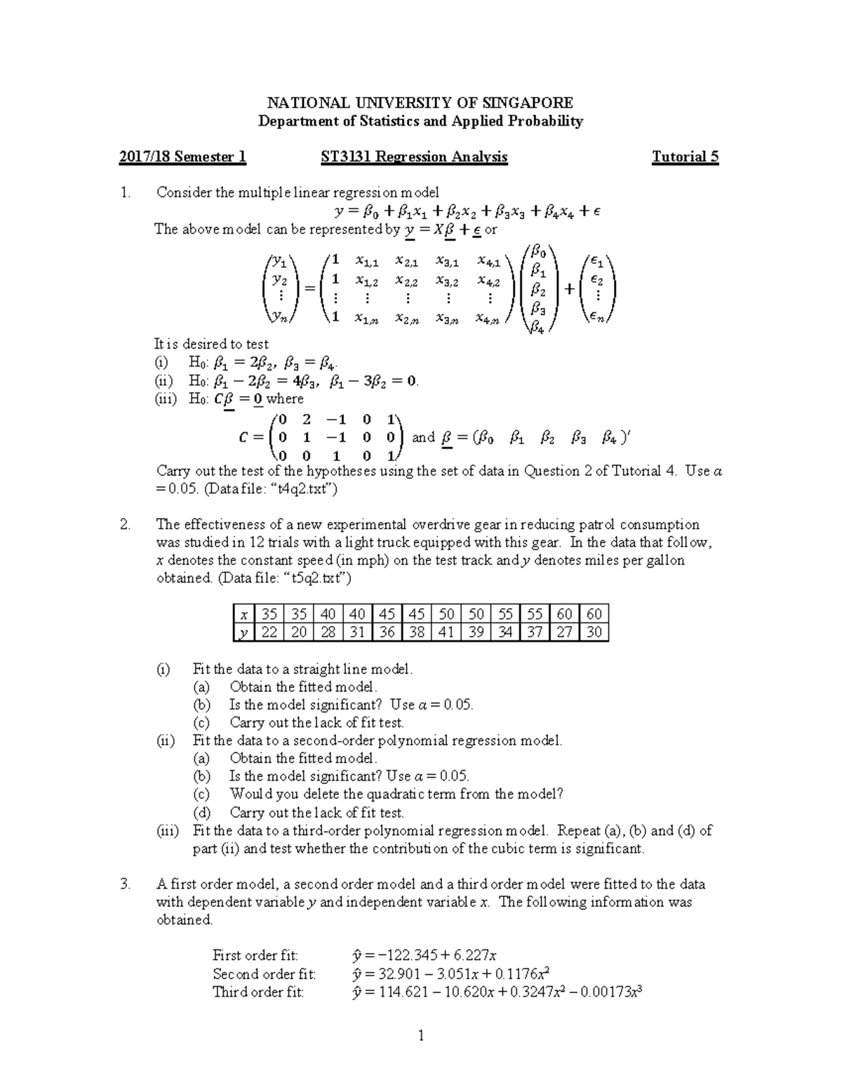 ST3131 Tutorial 5 Partial Solutions and Model Testing Analysis - Studocu
