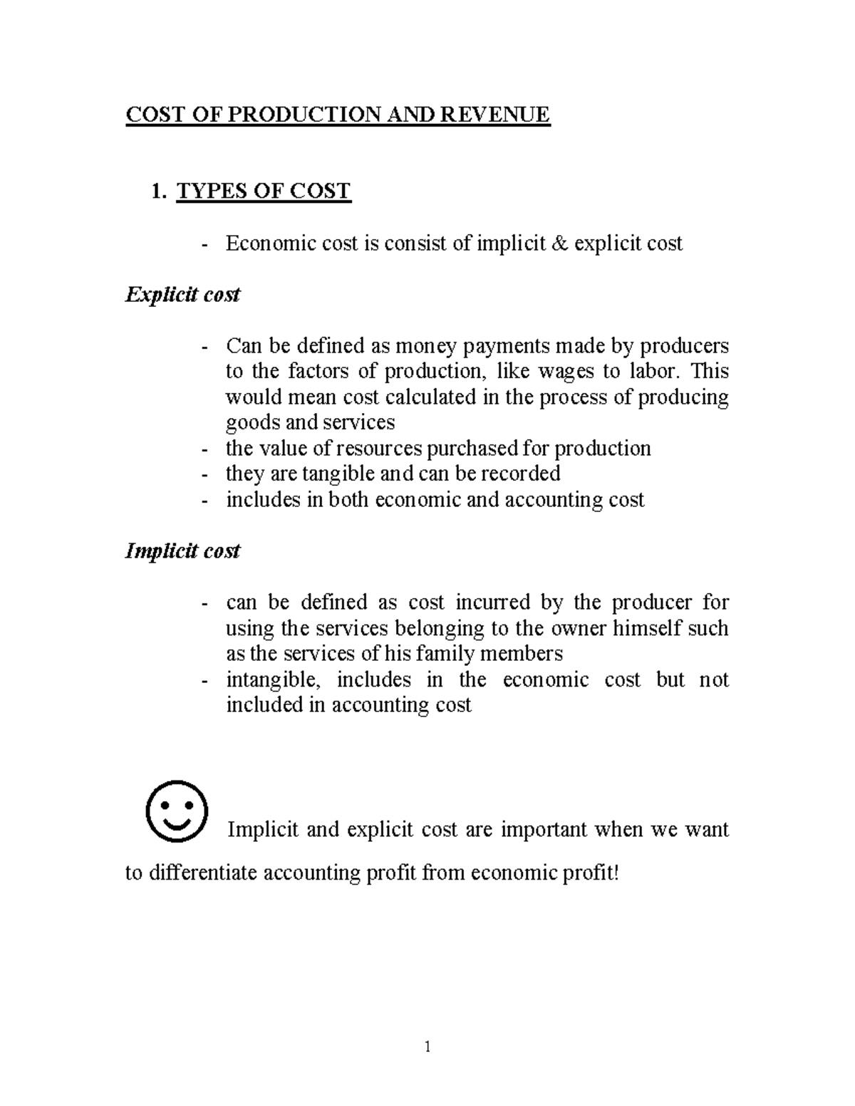 Chapter 6: Cost of Production & Revenue Analysis (ECO-101) - Studocu