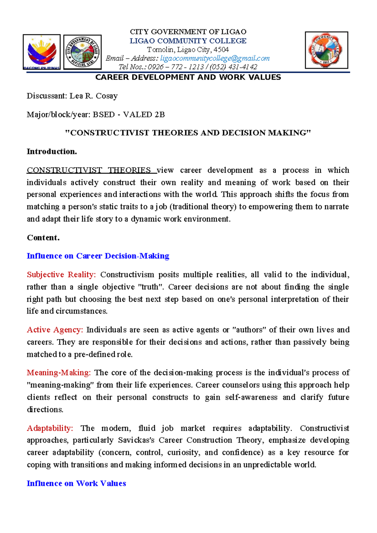 BSED VALED 2B: Career Development & Work Values Insights - Studocu